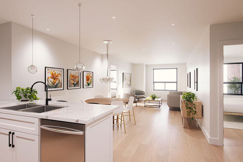 Lily interior looking from kitchen island showing living room and second bedroom Lily